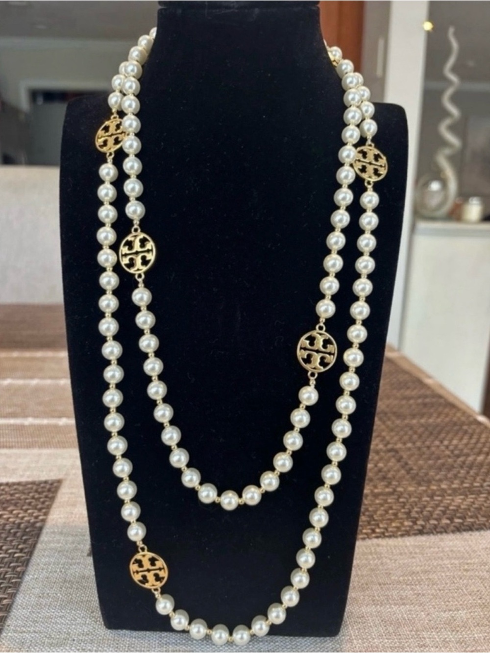 Tory Burch Gold Logo and White Pearl Long Station Necklace